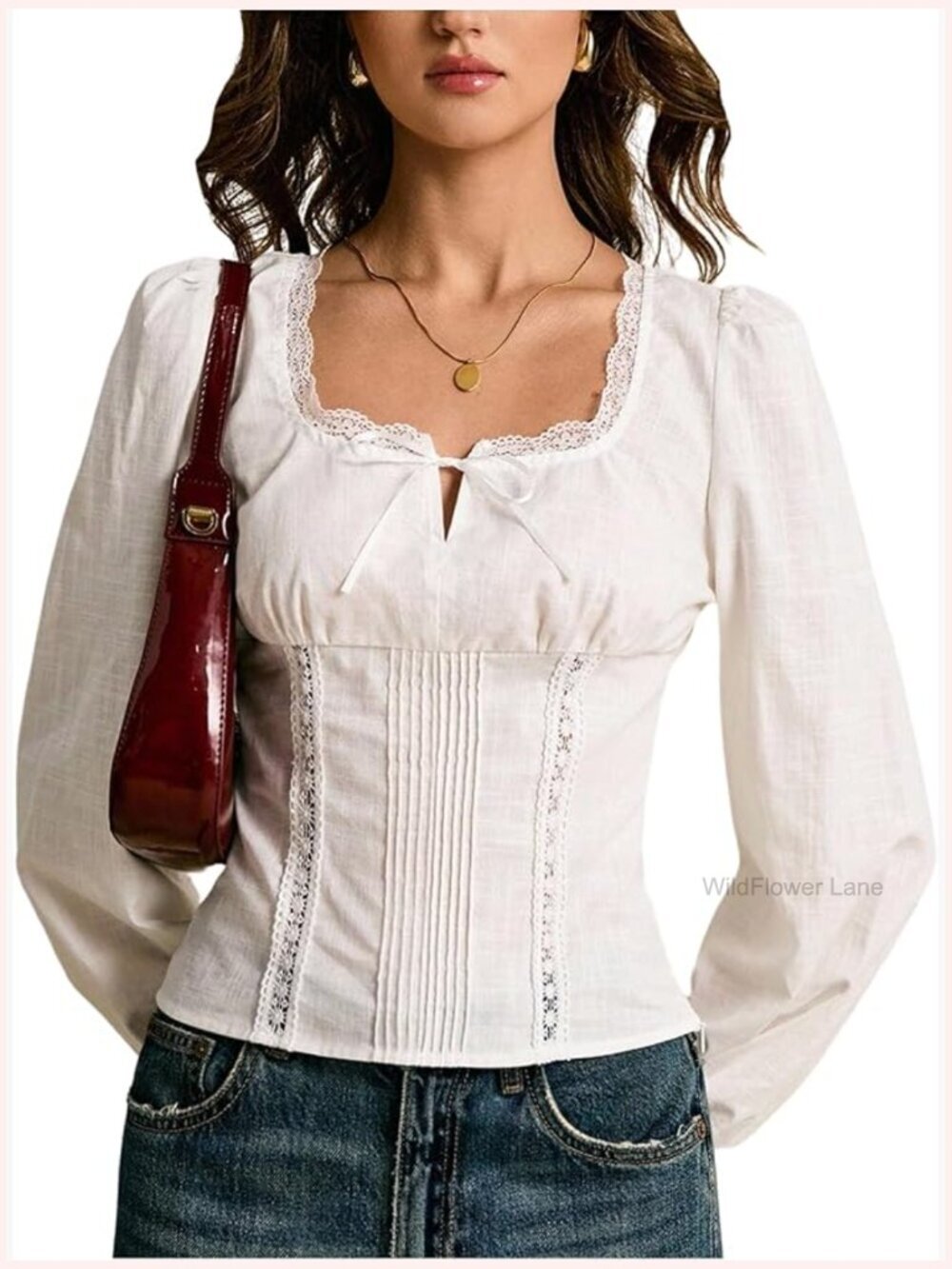 Square Neck Blouse Lace Tie Front Lace Up Back Long Sleeve Top